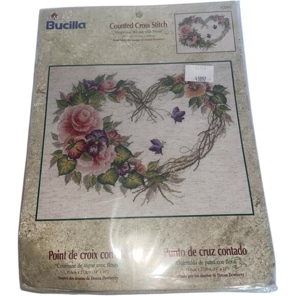 Counted Cross Stitch Kit:  Grapevine Wreath with Floral Bucilla 43092 NEW - Picture 1 of 2